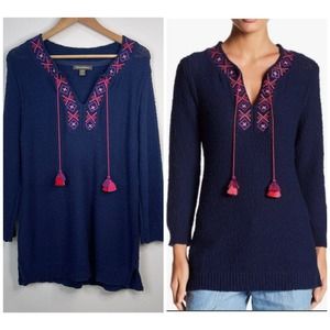 Tommy Bahama Eden Bay Tassel Tunic Sweater Size M Navy Blue Embroidered